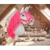 Vienaragis Hobby Horse lazdoje su neonine rožine karčiene ir sidabriniu ragu