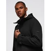 Vyriškas juodas parka tipo paltas su kailiniu pašiltinimu ir reguliuojamu juosmeniu