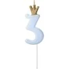 PartyDeco Žvakutė Skaičius su karūna, žydra 9,5cm, Skaičius: 3