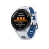 Išmanusis laikrodis Garmin Forerunner 265. Juodas apvadas su baltojo akmens spalvos korpusu ir baltojo akmens bei melsvos spalvos silikoniniu dirželiu