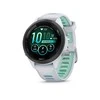 Išmanusis laikrodis Garmin Forerunner 265S. Juodas apvadas su baltojo akmens spalvos korpusu ir baltojo akmens bei žalsvos spalvos silikoniniu dirželiu