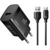Joyroom JR-TF4 18W wall charger with 3A USB-A - USB-C 1m cable - juodas