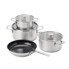 KitchenAid - Nerūdijančio plieno indų rinkinys: puodas su dangčiu (16 cm, 20 cm, 24 cm) + keptuvė (24 cm) - sidabro spalvos