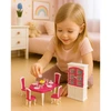 Lean Toys Lėlių valgomojo baldų komplektas: stalas, kėdės, bufetas, indai