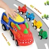 Dinozauro formos sunkvežimis su automobiliais