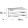Nerūdijančio plieno darbo stalas su atbraila 2 lentynos 200 x 90 cm