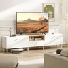 Koduva 200 cm TV staliukas televizoriui iki 90 colių, 2 atverčiami skyriai, atvira lentyna, stalčius, 8 kojos, medžio drožlių plokštė, balta