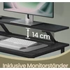 Koduva L formos rašomasis stalas su lizdais ir monitoriaus stovu, juodas, 120 x 150 x 76 cm