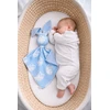 Minkštas dvipusis žaislas kūdikiui, medvilnė ir minky, mėlyni pelėdžiukai