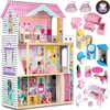 Ricokids Didelis medinis lėlių namelis, trijų aukštų, su liftu ir LED lempute