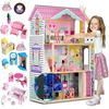 Ricokids Didelis medinis lėlių namelis, trijų aukštų, su liftu ir LED lempute
