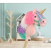 Super Hobby Horse Vienaragis ant lazdos Hobby Horse rožinis su spalvota karčiene ir auksiniu ragu
