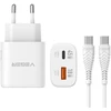 Telefono įkroviklis VEGER USB A + C tipo PD Super Charge PPS 45W + duomenų kabelis C tipo į C tipo 100W TR101 baltas