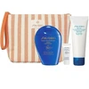 Rinkinys „Shiseido Expert“ apsauginis losjonas nuo saulės SPF50+ 150 ml + „Expert Sun Kreminis“ 5 ml + intensyviai atsinaujinanti emulsija po deginimosi 75 ml + maišelis