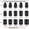 1/2 colio smūginių galvučių rinkinys, 15 dalių, metrinis 8-22 mm, 6 briaunų Cr-v plieno lydinys, skirtas automobilių remontui, lengvai įskaitomi matmenų žymėjimai, tvirta konstrukcija, laikymo dėklas