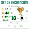 10-ojo gimtadienio dekoracijos futbolo gerbėjams, 10 metų balionai futbolo tema, 10 metų dekoracija, 10-ojo gimtadienio balionai su auksiniu trofėjumi ir "happy Birthday" baneriu