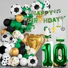 10-ojo gimtadienio dekoracijos futbolo gerbėjams, 10 metų balionai futbolo tema, 10 metų dekoracija, 10-ojo gimtadienio balionai su auksiniu trofėjumi ir "happy Birthday" baneriu