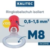 100 vnt. Kalitec Rksrm8 žiedinių kabelių antgalių rinkinys 0,5-1 mm² I iš dalies izoliuoti M8 raudoni I variniai I Pvc mova I skirti kabeliams ar laidams jungti I kabelio antgalis I kabelio jungtis I apsaugo elektros instaliaciją