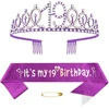 19-ojo gimtadienio karūna ir juosta mergaitėms krištolinė karalienės tiara princesės karūna violetinė 19-ojo gimtadienio juosta 19-ojo gimtadienio karūna gimtadienio juosta mergaitėms gimtadienio dekoracija gimtadienio dovana