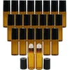 24vnt. amber spalvos tuščias stiklinis roll-on buteliukas su metaliniu rutuliuku ir juodais dangteliais eteriniams aliejams, kvepalams, lūpų blizgiams, balzamams (5 ml)