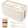 3 sluoksnių priešpiečių dėžutė bento box suaugusiems, 4-in-1 maisto ruošimo dėžutės su šakute ir šaukštu, 1000 ml maisto laikymo dėžutė vyrams moterims studentams, tinkama naudoti mikrobangų krosnelėje ir indaplovėje (smėlio spalvos)