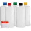 5 x 500 ml plastikinės butelių pakuotės su spalvotais dangteliais