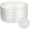 5five Simply Smart 50 vnt. baltų plastikinių lėkščių su auksiniu apvadu, 19 cm