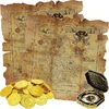 64 vienetų piratų tematikos žaislų rinkinys, įskaitant 60 vienetų piratų auksinių monetų imitacijų, 2 lobio žemėlapius ir 2 piratų kompasus lobio paieškos žaidimų rinkiniui, gimtadieniui