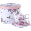 Arbata vienam, arbatinuko puodelio rinkinys, shabby chic flora, paukštis, rožė, drugelis, porcelianinė dovanų dėžutė (rožinė)