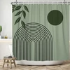 Asdcxz Boho dušo užuolaida 180 x 200 cm, moderni abstrakti žalios lapų saulės linijos šalavijų žalios vonios kambario plaunamos dušo užuolaidos poliesterio tekstilės vandeniui atspari vonios užuolaida voniai su 12 kabliukų