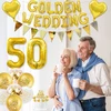 Auksinė vestuvių dekoracija, 50-ųjų vestuvių metinių dekoracijos, 50 auksinės vestuvių balionai, laimingų 50-ųjų metinių balionai, metalinis aukso ir baltų balionų baneris, 50 auksinių vestuvių torto viršūnė
