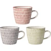 Bloomingville Isabella retro stiliaus kavos puodeliai su rankena, skersmuo 9,5 x aukštis 8 cm, raudonos, levandų, žalios spalvos, keramikinis rinkinys iš 3, talpa apie 280 ml