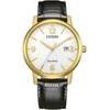 Citizen Bm6756-01a Eco Drive porinis vyriškas auksinis korpusas 40mm baltas ciferblatas odinis dirželis Wr 3 Bar auksinis klasikinis laikrodis, auksinis, klasikinis