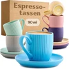 Cosumy spalvoti espresso puodeliai su lėkštutėmis, 6 vnt., pastelinės spalvos – 90 ml – dryžuotas keraminis raštas – galima plauti indaplovėje ir naudoti mikrobangų krosnelėje – modernus mocha puodelių rinkinys