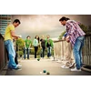 Crossboccia Family Pack Pro, 4 x 3 vienodos spalvos medžiaginiai maišeliai, įvairūs dizainai, 8 cm skersmens, užpildyti granulėmis, rinkinys 4 žaidėjams, su taikiniu, daugkartinio uždarymo tinklelio maišelyje