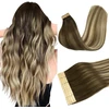 Doores tape-in tikrų plaukų priauginimas, ombre riešuto ruda į pelenų rudą ir šviesiai blondinę, 35 cm, 50 g, 20 vnt., tape-in plaukų priauginimas, remy tape priauginami tikri plaukai
