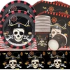 Doyomtoy Piratų tematikos stalo įrankių rinkinys vakarėliui, 53 vienetų piratų vaikiškų gimtadienio dekoracijų, piratų vakarėlio stalo įrankiai, lėkštės vakarėliui, popieriniai puodeliai, servetėlės, berniukams ir mergaitėms, 16 žmonių