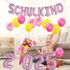 Einschulung Deko balionas moksleivei 2025 rožinės spalvos. Mokyklos pradžios dekoracijų rinkinys su girlianda Schulkind 2025, foliniai balionai, helio balionai, reklaminis skydelis, saldainių maišeliai, dovanos moksleivei