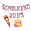 Einschulung Deko balionas moksleivei 2025 rožinės spalvos. Mokyklos pradžios dekoracijų rinkinys su girlianda Schulkind 2025, foliniai balionai, helio balionai, reklaminis skydelis, saldainių maišeliai, dovanos moksleivei