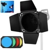 Godox bd-04 barn door metaliniai varteliai su korio tinkleliu ir 4 spalvotais gelio filtrais, suderinami su standartiniais reflektoriais bowens mount compatible godox led neewer amaran aputure led video light