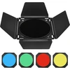 Godox bd-04 barn door metaliniai varteliai su korio tinkleliu ir 4 spalvotais gelio filtrais, suderinami su standartiniais reflektoriais bowens mount compatible godox led neewer amaran aputure led video light