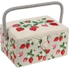 Hobby Gift išskirtinė vidutinė siuvimo reikmenų dėžutė su priedų dėklu, pagalvėle adatoms, krepšiu, pvc rankena, siuvinėtu dangteliu 18.5x25.5x14.5cm, Embroidered Strawberries