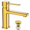 Invena Glamour Auksinis praustuvo maišytuvas su ilgu snapeliu Gold + Cubic Loft kamštis