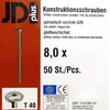 Jd-plus profesionalūs medvaržčiai su plokščia galvute, baltas galvanizuotas paviršius, I-star T40, skersmuo 8 mm, ilgis 80–450 mm, konstrukciniai varžtai, 50 vnt.