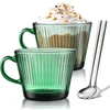 Joeyan 450 ml dideli kavos puodeliai, 2 vnt. rinkinys, vertikalūs dryžuoti žalios spalvos stiklai su šaukšteliu, espresso puodeliai, storasieniai, cappuccino puodeliai, briaunoti geriamieji stiklai latte, arbatai, gėrimams, galima plauti indaplovėje