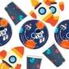 Kosminis gimtadienio vakarėlio rinkinys vaikams 24-ajam | 8 lėkštės, 8 puodeliai, 8 servetėlės raketos formos | Kosminės dekoracijos popierinės lėkštės vaikų gimtadieniui berniukui | Astronautų vakarėlio stalo reikmenys vaikų gimtadienio vakarėliui