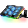 Moojay rgb aušintuvas nešiojamam kompiuteriui, skirtas naudoti ant stalo ir ant kelių, 8 aukščio reguliavimo padėtys, 8 tylūs ventiliatoriai + mobiliojo telefono stovas, skirtas 15,6–17,3 colių nešiojamiesiems kompiuteriams – mėlyna led lemputė