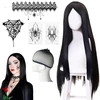 Morticia Addams perukas, 6 perukų rinkinys, ilgi juodi moteriški, ilgas juodas perukas, tiesus juodas perukas, ilgas juodas tiesus perukas, ilgas gotikinis perukas (70 cm), karnavalo cosplay vakarėliui