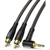 Rawaux rca į jack 3.5 mm kabelis 90 laipsnių 3.5 mm jack į 2 rca kabelis 24k paauksuotas stereo rca audio kabelis televizoriui, išmaniajam telefonui, nešiojamam kompiuteriui, namų kinui, stiprintuvui (1 m, 3.5 x 2 rca - juodas)