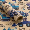 Ruspepa kraft popierius dovanoms ritinyje - mini ritinys - mėlynas sunkvežimis ir užrašas "happy birthday", idealiai tinka gimtadienio vakarėliui, kūdikio sutiktuvių šventei - 43.2cm x 10m